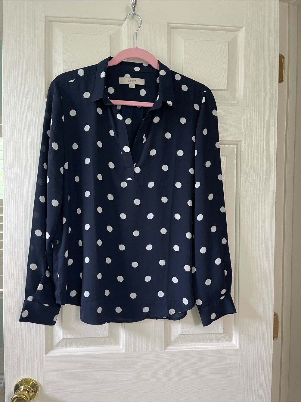 LOFT Navy and White Polka Dot Long Sleeve Blouse